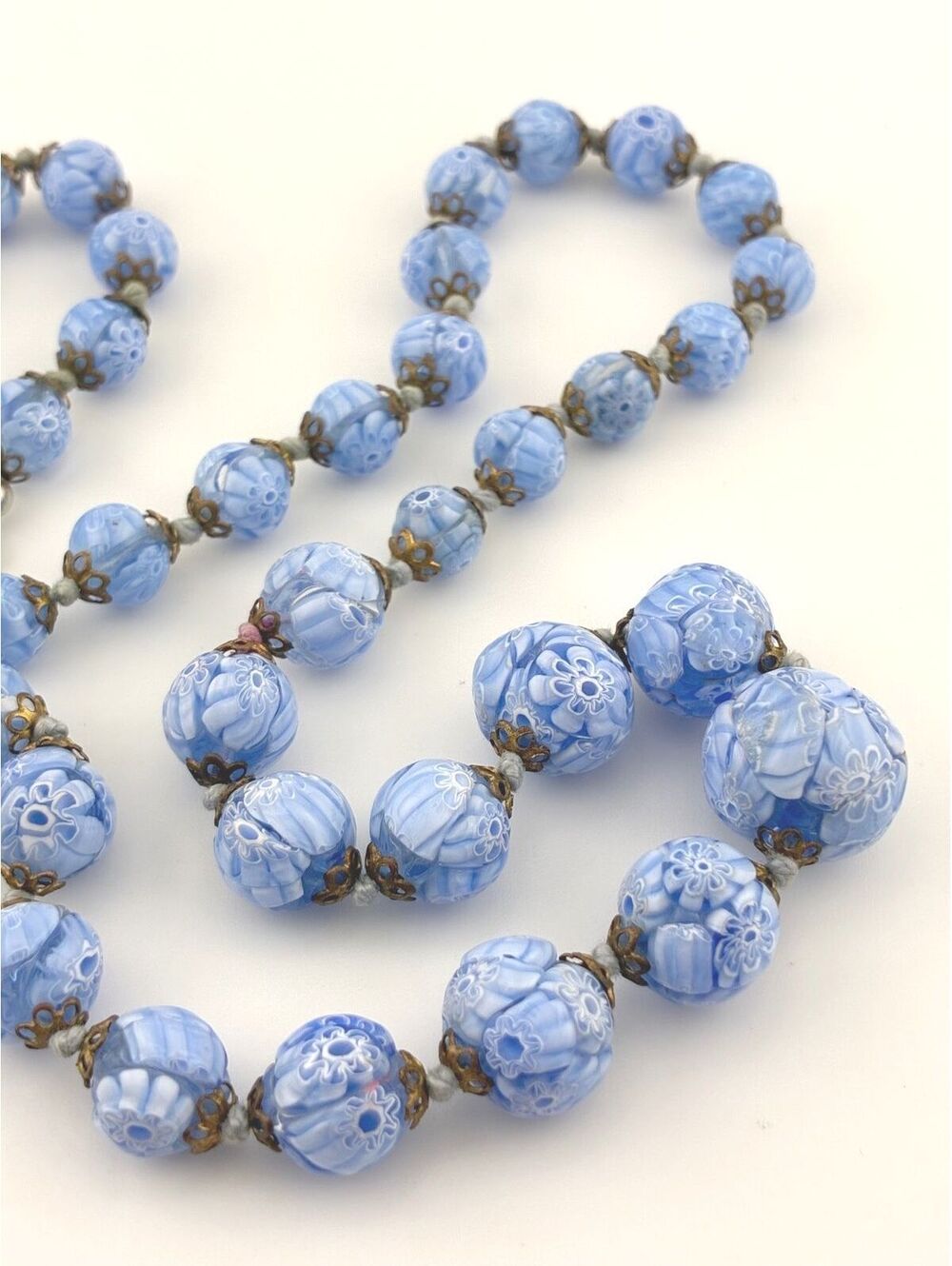 Vintage Blue Millefiori Venetian Textured Graduated Glass Bead 24" Necklace - Picture 2 of 12